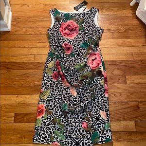 Joseph Ribkoff Bold Graphic Floral Dress Side Ruched Black White with Roses